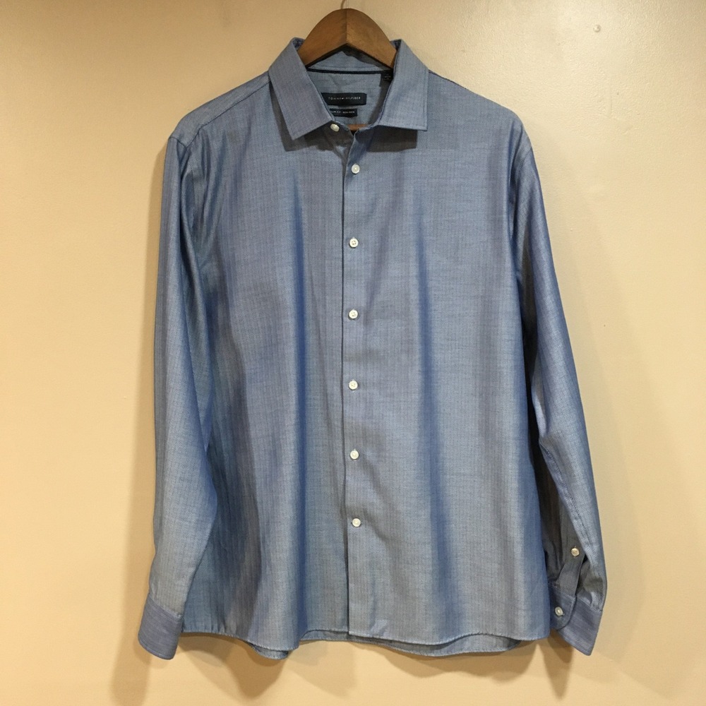 Tommy Hilfiger Slim Fit Non Iron Dress Shirt Mens XL 17 34/35 Blue Herringbone